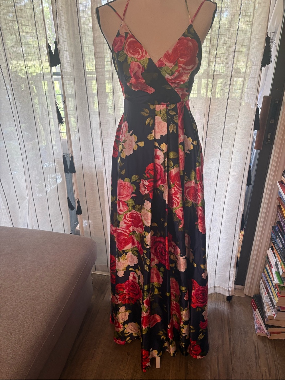 Sequin Hearts Blue Maxi Dress with Red and Pink Rose Print